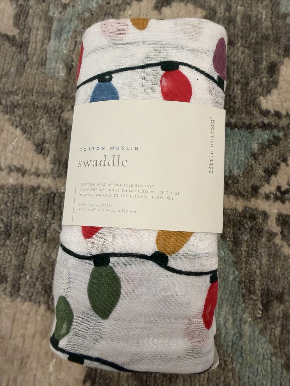 Little Unicorn Retro CHRISTMAS BULBS Lights Cotton Muslin Swaddle 47x47" NWT $25